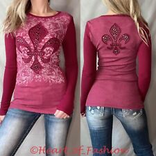 VOCAL Women's Embellished Fleur-de-lis Waffle Knit Long Sleeve Thermal Biker Top, used for sale  Shipping to South Africa