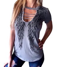 New VOCAL Women's Ladder Cutout STONE EMBELLISHED Angel Graphic Top Shirt  for sale  Shipping to South Africa