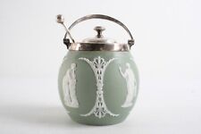 Antique Wedgwood Olive Green Jasperware Jam Pot with Lid,Spoon & Handle pre 1891, used for sale  Shipping to Canada