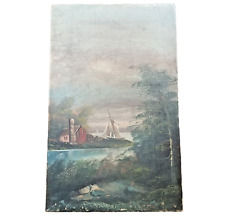 Antique Painting Oil Landscape Canvas Woods Sailboat House Boat Unframed 22x14 for sale  Shipping to South Africa