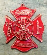 HAND PAINTED Red Fireman Plaque Maltese Firefighter Cross, cast iron 8 x 9 inch for sale  Shipping to South Africa