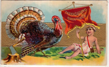 ANTIQUE THANKSGIVING Postcard   CHILD, BANNER, TURKEY, HATCHET IN TREE STUMP for sale  Shipping to South Africa