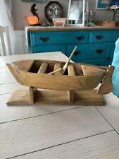 13” Hand Carved Wooden Boat With Movable Rudder And Oars On Display Stand for sale  Shipping to South Africa