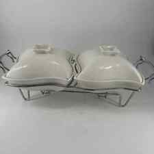 Double Sienna Godinger 1 Quart Covered Porcelain Bakers w/Metal Warming Stand, used for sale  Shipping to South Africa