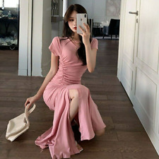 Vestido feminino casual algodão doce gola O manga curta rosa plissado dividido sereia comprar usado  Enviando para Brazil
