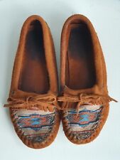 Minnetonka Moccasins Brown Suede Cognac Aztec Embroidery Slip On UK4 US6 for sale  Shipping to South Africa