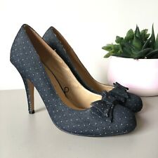 Fiore Collection UK4 Indigo Denim Stiletto Shoes Heels Rockabilly Bow Polka Dot for sale  Shipping to South Africa