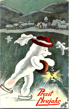 Postal Alemana de Año Nuevo 1912 TUCK Inodoro Muñeco de Nieve Sostiene Lámpara de Patín Patinaje sobre Hielo segunda mano  Embacar hacia Argentina