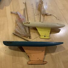 Lot 2 VINTAGE NAUTICAL BOATS POND MODEL SAILBOAT WOOD RESTORE 1960s Blue Wh Toys for sale  Adel