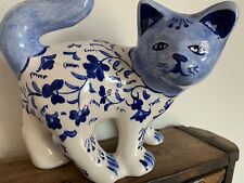 Niebieski biały kwiatowy kot Kutahya Turcja Ręcznie robiona podpisana figurka kociaka KABi na sprzedaż  Wysyłka do Poland