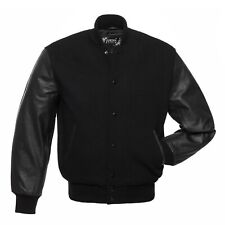 Used, New Black Wool Varsity Letterman Jackets Black Real Leather Sleeves Black Rib for sale  Shipping to South Africa