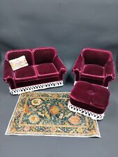 Dollhouse Miniature Living Room Love Seat Chair & Ottoman Set Velvet w/ Fringe for sale  Shipping to South Africa