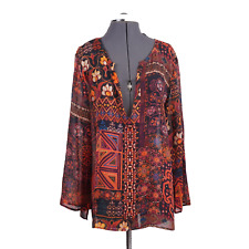 Blusa túnica Chicos seda chiffon multi oriental boho fluido tamanho 2 L mangas compridas comprar usado  Enviando para Brazil