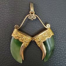   Green Jadeite Jade Double Tiger Claws Pendant Solid 18Kt Yellow Gold Estate for sale  Miami