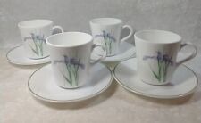 VTG SHADOW IRIS Corning Set 4 Cups Saucers White Purple Flowers Green Edge Rim, used for sale  Shipping to South Africa