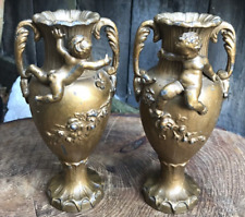 Antique Victorian FRENCH BRONZE CHERUB URNS gilt metal vase AUGUSTE MOREAU style usato  Spedire a Italy