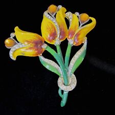 Used, Vintage Brooch Pin Pot Metal & Enamel Tulip Flowers Yellow w/ Rhinestones Glass for sale  Santa Fe