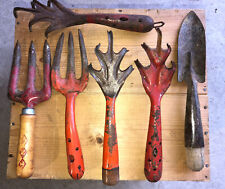 6 Antique Orange Red Metal Garden Tools Primitive, Fork, Rake, Shovel, used for sale  Canada