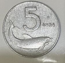 Moneta 5 lire Delfino rara del 1954 usato  Supino