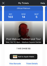 2 tickets Post Malone 10/12/22 Madison Square Garden Sec 103 for sale  Brooklyn