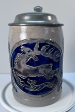 Reinhold Merkelbach Salt Glaze Beer Stein Grenzhausen cobalt blue deer stag buck for sale  Shipping to South Africa