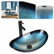 Bathroom Blue/Green Basin Sink Tempered Glass Vessel Bowl Faucet PopUp Basin, used for sale  Shipping to South Africa