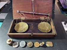 Antique Brass Balance Scale including wooden box and selection of weights. for sale  Shipping to South Africa