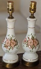 Vintage Pair Lamps Floral White Milk Glass Goldleaf Hand Painted  Brass Table for sale  Shipping to South Africa