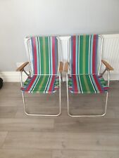 Vintage Retro Pair Garden Deck Chairs Striped Folding Caravan VW Camper Prop for sale  Shipping to South Africa