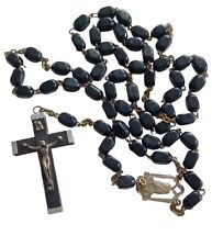 Vntg Black Wood Beads Rosary Made Italy 24" Reversible Medal, used for sale  Shipping to South Africa