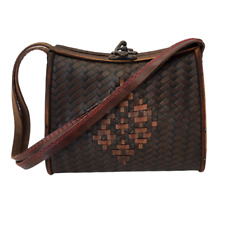 Vintage Wicker Rattan Handbag Purse Brown Leather Double Handle Hinge Lock for sale  Shipping to South Africa