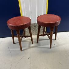 Pair Round Wooden Pub Stools Red Leather? Upholstered Man Cave Home Bar, used for sale  Shipping to South Africa