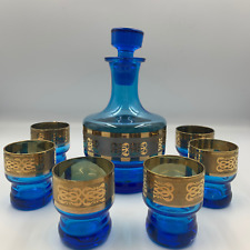 Blue and Gold Embroidered 6-Piece Liquor Set - Handcrafted Glassware, used for sale  Shipping to South Africa