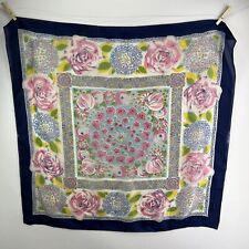 Vintage Square Scarf 34” x 33"￼ Pink Rose Blue Hydrangea Impatiens Flowers for sale  Shipping to South Africa