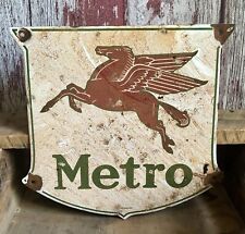12” MOBIL METRO Porcelain Oil Gas Pump Plate Service Station Shield Sign PEGASUS, used for sale  Shipping to Canada