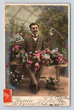 Cartão postal c1908 RPPC retrato francês de homem bonito flores estufa bigode comprar usado  Enviando para Brazil