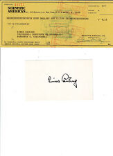 Linus Pauling authentic signed index card plus check from Sciientific American, used for sale  Shipping to South Africa