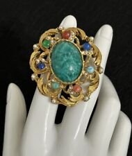 VINTAGE GORGEOUS JADE GLASS MULTICOLOR CABOCHON FLORENZA PEARL BROOCH PIN for sale  Shipping to South Africa