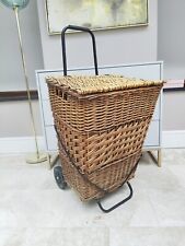 Large Wicker Shopping Basket With Lid Trolley Wheels Straps Vintage Pull READ for sale  Shipping to South Africa