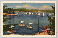 Postcard California Lake Arrowhead Sailing Boats Bathers Lounging 1950 Linen for sale  Shipping to South Africa