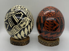 Set of 2 - VOLZ 1991 - Ostrich Egg Artwork - Hand Painted - Native Geometric Art for sale  Shipping to South Africa