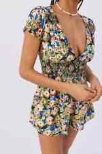 UO Laney Floral Open-Back Romper Multi Printed Tie Back Puff Sleeve Smocked L for sale  Shipping to South Africa