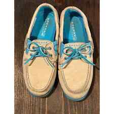 Sperry Girls Tan Teal Leather Boat Shoes, Size 3M Blue and Beige Cute deckshoe, used for sale  Shipping to South Africa