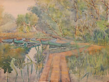 Pintura pastel original paisaje fluvial vintage artista ucraniano soviético firmada segunda mano  Embacar hacia Argentina