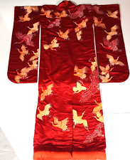 ANTIQUE JAPANESE WEDDING KIMONO UCHIKAKE. RED W/GOLDEN EMBROIDERED CRANES AN-049 for sale  Shipping to South Africa