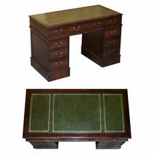 LUXURY VINTAGE GREEN LEATHER MAHOGANY TWIN PEDESTAL TRADITIONAL PARTNER DESK for sale  PULBOROUGH