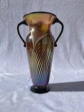 Rick Strini Art Glass Double Handled Vase Iridescent Metallic Feathered Signed, used for sale  Shipping to South Africa