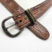 Tooled Leather Belt 26 28 Barbed Wire Western Hand Stained Brown Distressed Vtg for sale  Shipping to South Africa