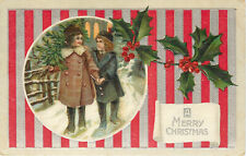Papel de parede cartão postal em relevo meninas feliz Natal listras vermelhas e prateadas, usado comprar usado  Enviando para Brazil