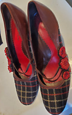 ISABELLA FIORE Pumps Brown Leather Wool Windowpane Vamp 8.5M Beaded Floral Motif for sale  Shipping to South Africa
